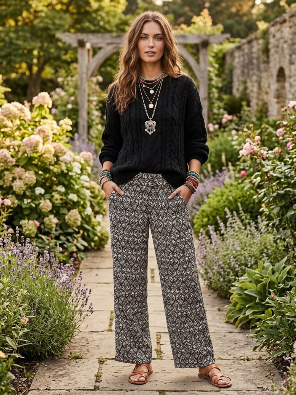 H&M Boho Black & White Printed Wide-Leg Pants with Pockets
